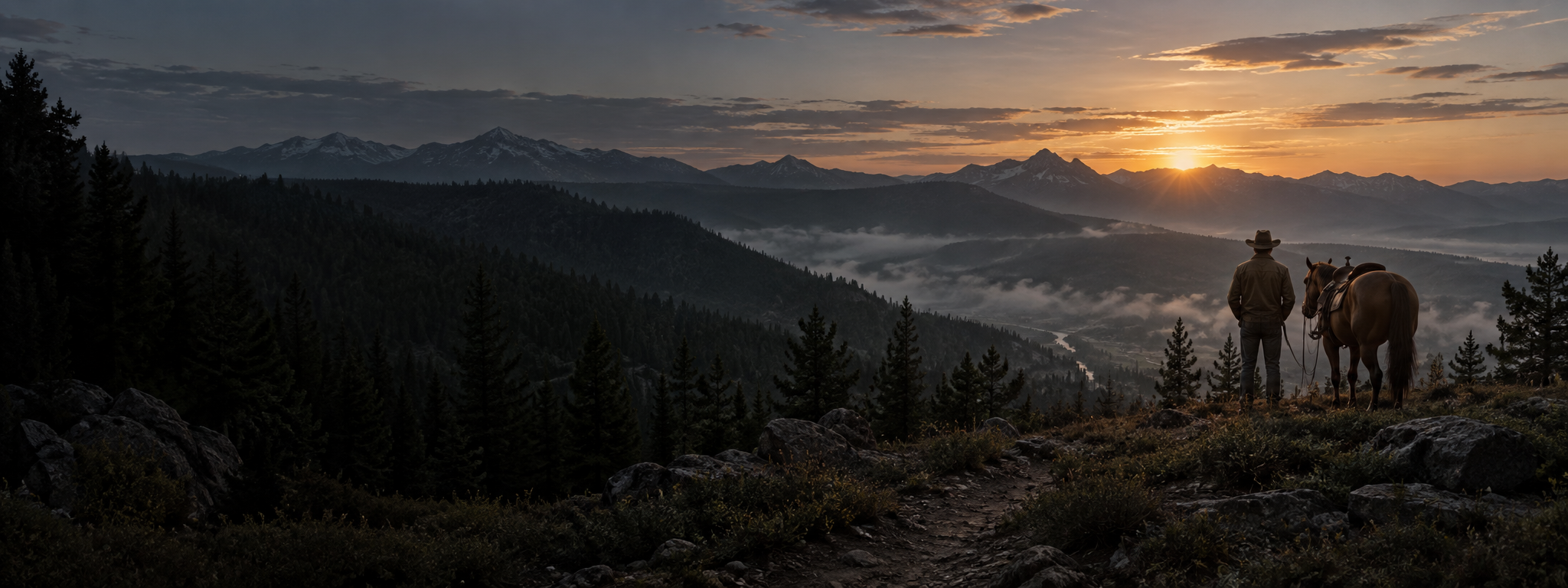 A cowboy and horse overlooking a mountain valley at dawn